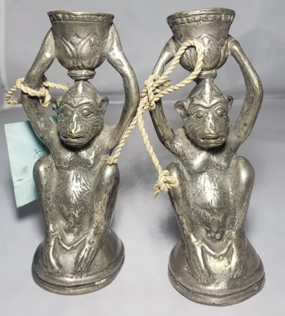 2 Hand Casted Bronze Monkey Candle Holders Made In Indonesia