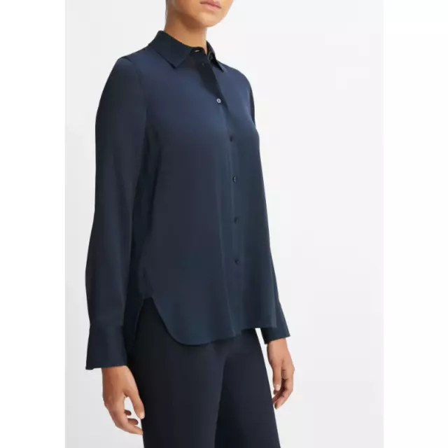 VINCE Womens Silk Blouse XS Blue Slim Fit Stretch Coastal Navy Long Sleeve NWOT 2