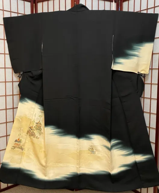 Vintage Black Silk Kimono with Stunning Woven Yamahoko