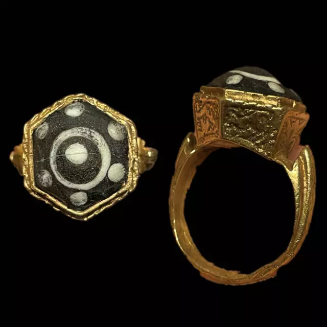 Ancient Phoenician Gold Gilded Seal Ring With Mosaic Stone - (45)