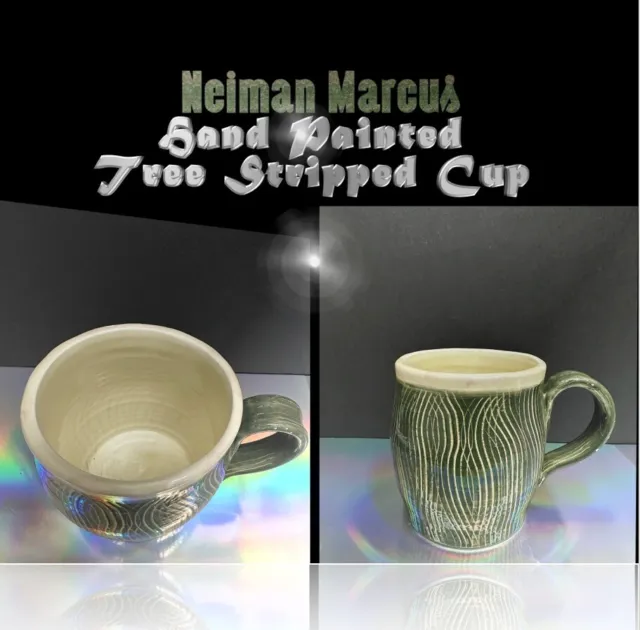 🐆VTG Neiman Marcus -Hand Painted Green and Beige Tree Striped cup mug 4"