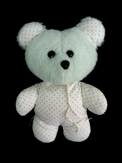 F1- DOUDOU PELUCHE  BETTELLA OURS BLANC VERT POIS YEUX NEZ NOIR 24cm - TBE