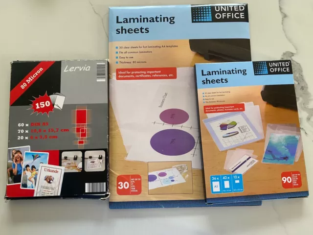 Laminating sheets  mixed sizes  80 microns of  hot lamination  x 3 boxes