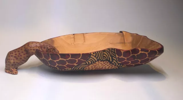 Vintage Hand Painted,Hand Carved African Tribal Wooden Folk Art Bowl W Leopard