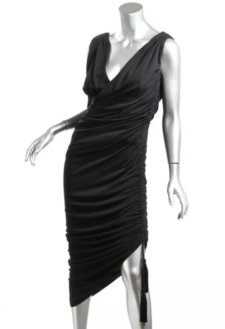 LANVIN Womens Sleeveless Asymmetrical Black Ruched Midi Dress FR38 US6 NEW