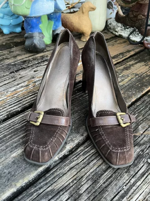 FRANCO SARTO SUEDE Loafer Chunky Heels Sz 8 Buckle Brown Square Toe ...