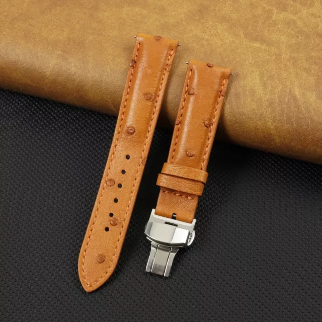 Tan Genuine Ostrich Watch Band Strap Padded Soft Leather Silver Deployment Gift