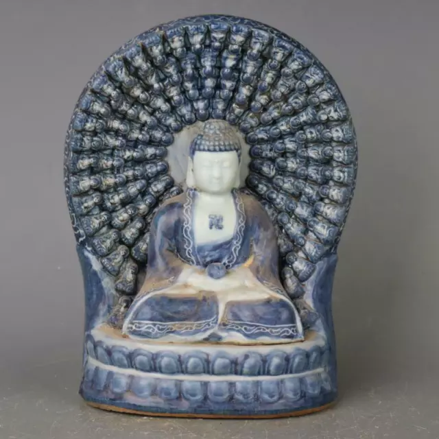 Chinese Yuan Blue & White Porcelain Figurine Buddha Tathagata Rulai Statue 11.1"