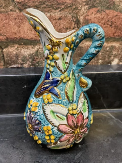 Vtg H. Bequet Quaregnon Belgium Majolica Ewer Hand Painted #144 Pitcher Vase