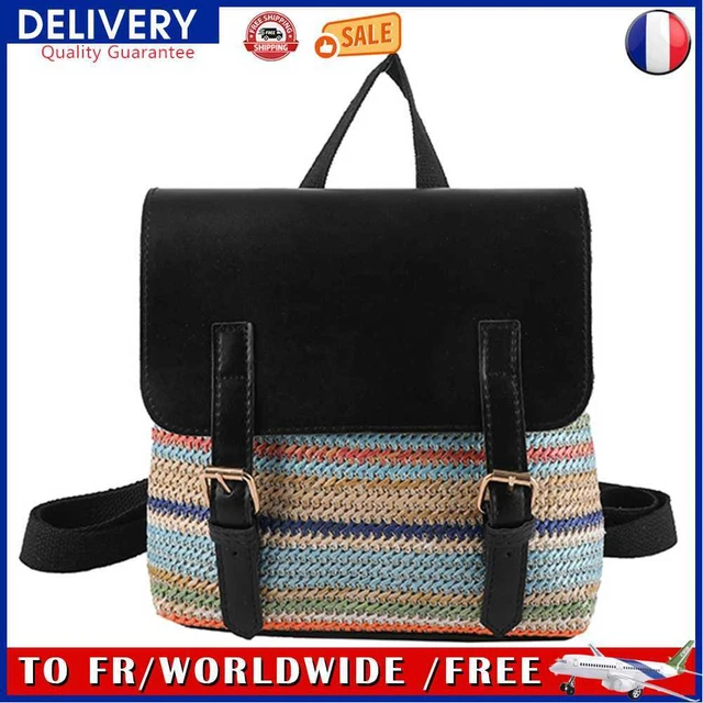 Woven Straw Backpack Women PU Splicing Student Travel Schoolbag (Blue)