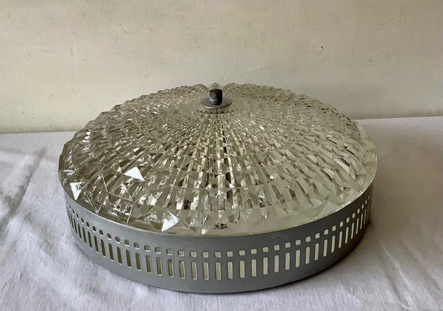 Ancien PLAFONNIER ou APPLIQUE Vintage en VERRE MOULÉ & METAL ARGENTÉ 14