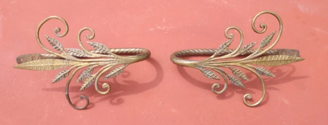 Vintage Antique Pair Brass Drapery Holdbacks Curtain Tiebacks Hand Wrought Look