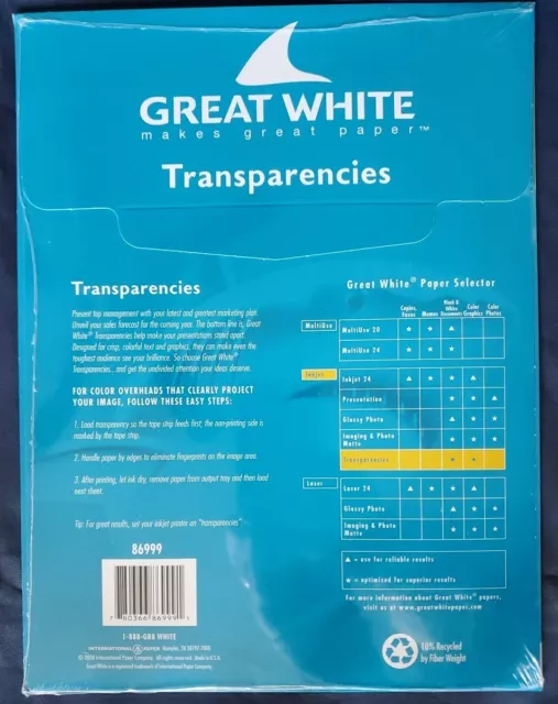 GREAT WHITE INKJET TRANSPARENCIES New 16 Sheets 8½x11 3