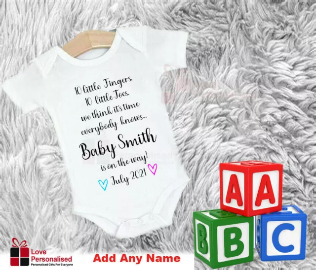 Personalised Custom Baby Name Vest heart Baby Grow Bodysuit Reveal Announcement