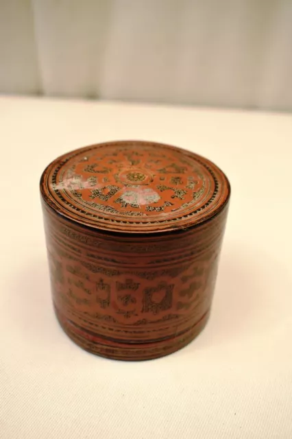 Vintage Lacquerware Box Thanakha Bu Myanmar Storage Container Hand Painted Old"4