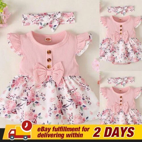 Newborn Baby Girls Floral Bow Princess Dress Headband Set Birthday Party Outfits