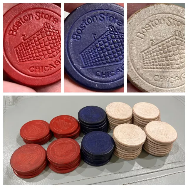 Lot of 67 circa 1910's BOSTON STORE CHICAGO Fiber Wood Advertising Poker Chips +