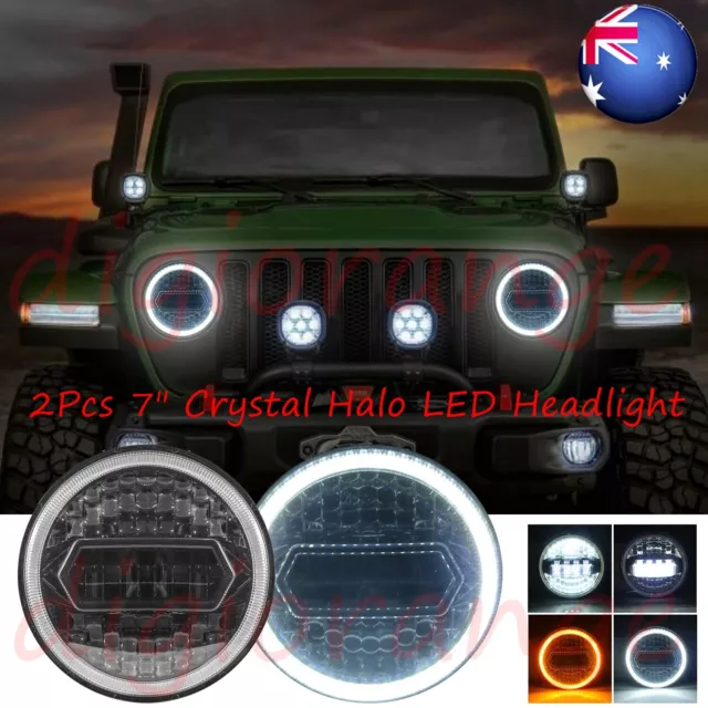 2Pcs 7" Crystal Halo LED Headlight With Amber Turn Light DRL Fr Wrangler JK Jeep