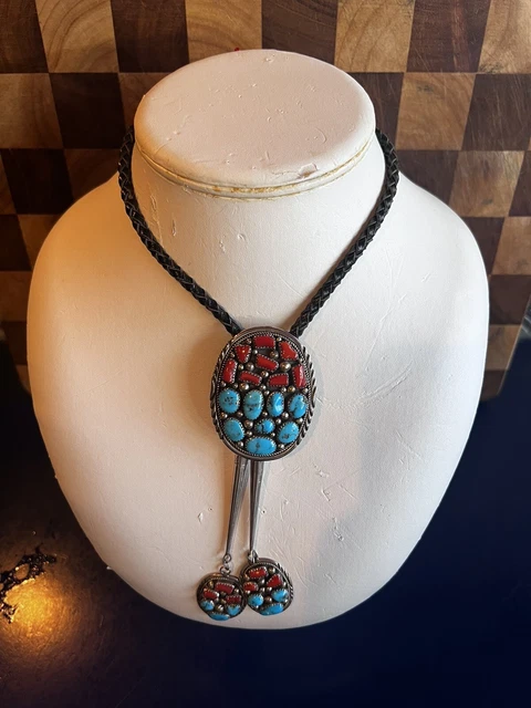 Native American Turquoise And Coral Stg Silver Bolo Necklace Marked Stg IC Native American Turquoise And Coral Stg Silver Bolo Necklace Marked Stg IC