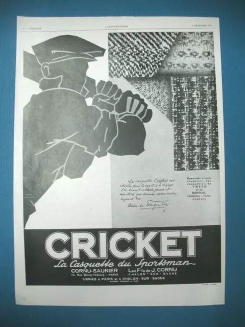 PUBLICITE DE PRESSE CRICKET CASQUETTE DU SPORTMAN ILLUSTRATION RENé VINCENT 1933