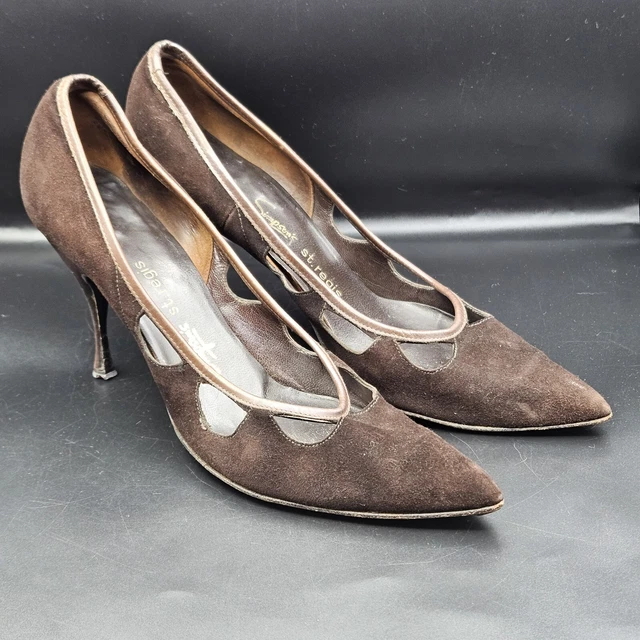 Scarpe da corte vintage anni '50 marrone pelle scamosciata tagliata Stilleto Simpsons St Regis