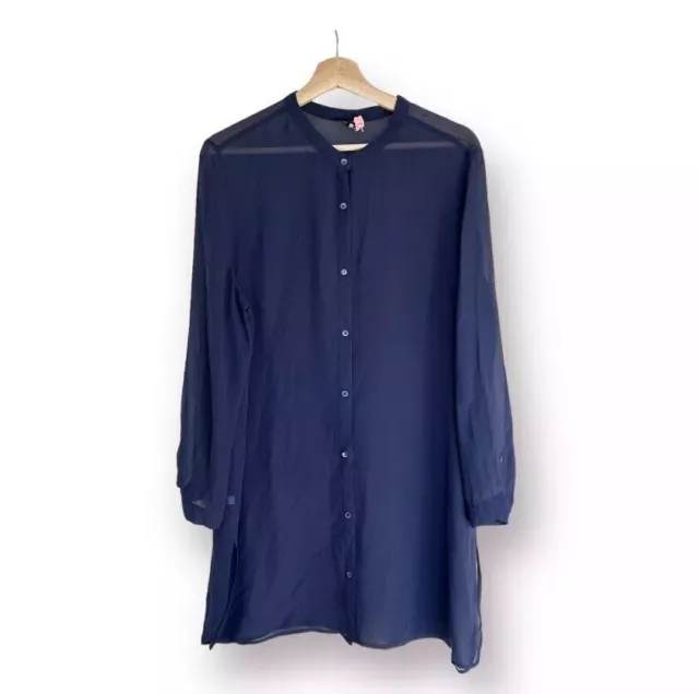 Eileen Fisher Sheer Long Sleeve Button Up Silk Tunic Lagenlook L FLAWED