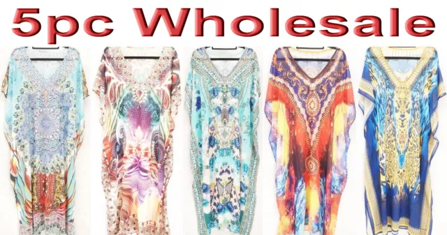 5pc Wholesale Large Women Hand Embellished Kaftan Boho Dress Free Size Mixed