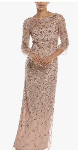 Adrianna Papell Beaded Illusion Column Gown, Bell Sleeves Rose Gold, Sz 8 *NEW*