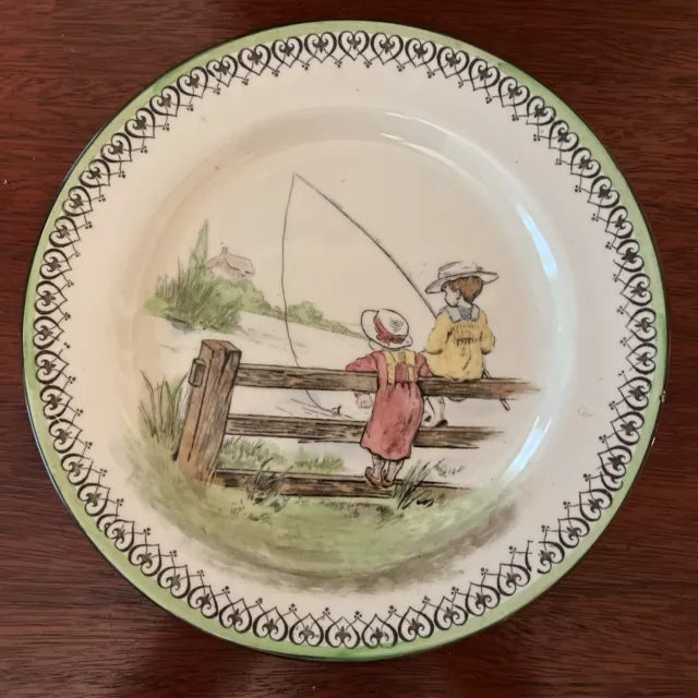 1905 Royal Doulton Pastimes Series Plate Kate Greenaway Children Fishing