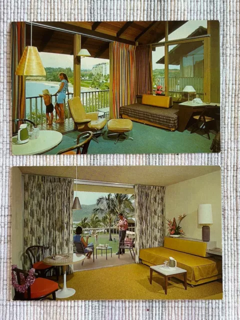 2 Vintage 1960s KAUAI SURF RESORT Postcards KALAPAKI BEACH HAWAII Tiki Hotel