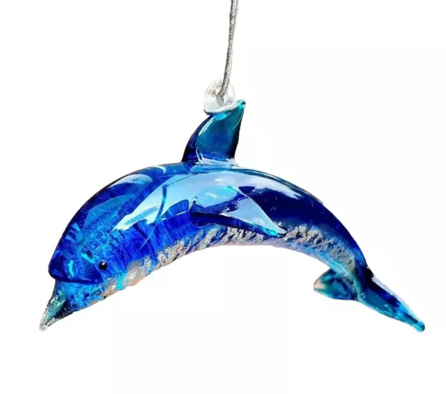 Blue Hand Blown Glass Dolphin Fish Hanging Ornament Figurine