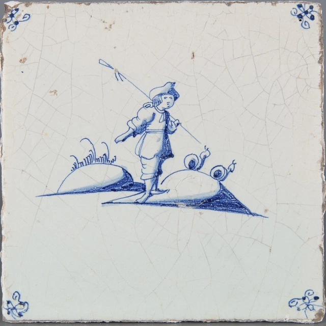 Nice Dutch Delft Blue tile, shepherds in landscape, late 17th century.