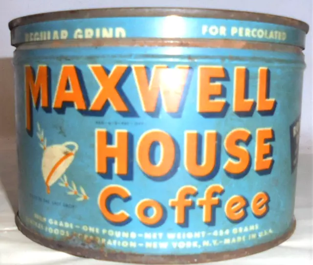 Vintage 1 lb Maxwell House coffee can tin with lid, Great Graphics