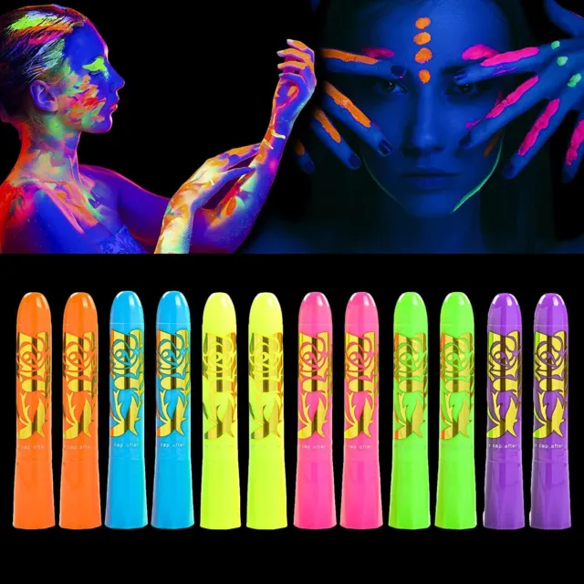 12 Pcs Glow in The Dark Body Face Paint Neon UV Face Painting Crayon for Party