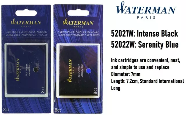 Waterman Fountain Pen Cartridges, 8 per Pack, 2 Packs, Choose Ink Color