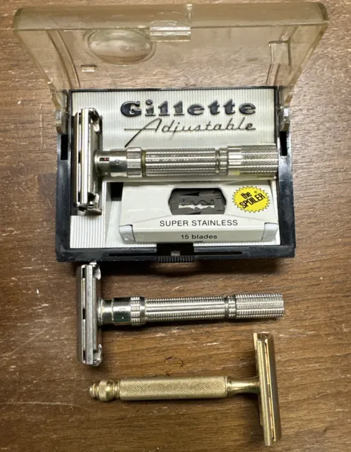 Lot Of Gillette:  Fat-Boy Adjustable 1-9 Safety Razor F1 W/ case & 2 More Razors