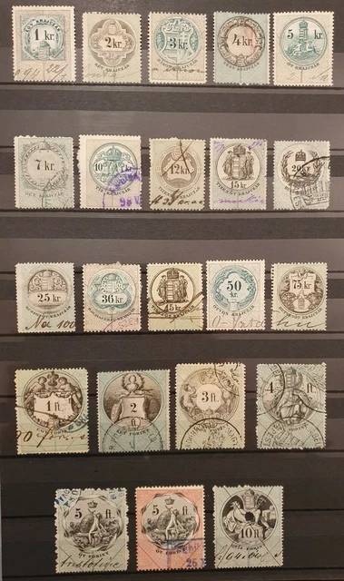 Satz Stempelmarken Ungarn 19. Jahrhundert (22) mit Höchstwerten bis 10 Gulden!