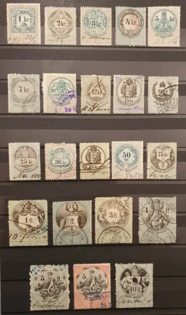Satz Stempelmarken Ungarn 19. Jahrhundert (22) mit Höchstwerten bis 10 Gulden!