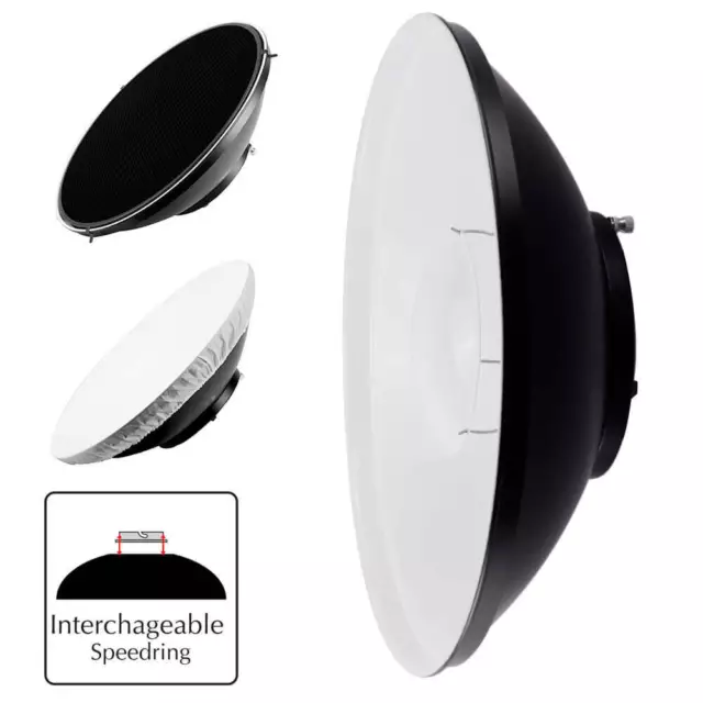 White Interior Beauty Dish with Grid Diffuser Cap Interchangeable Fitting