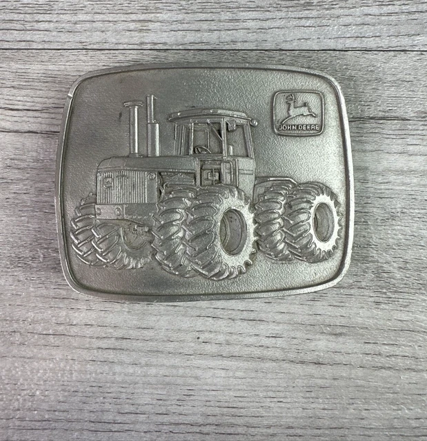 Vintage 1975 John Deere Pewter Tractor Belt Buckle Leaping Deere Logo
