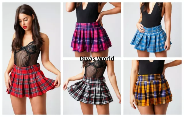 Women's Tartan Pleated Mini Skirt Check Casual Plaid High Waist Short Skirts