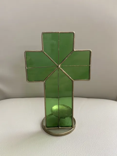 Stained glass cross Emerald Green Color Hand Made Has A Place For Tea Light