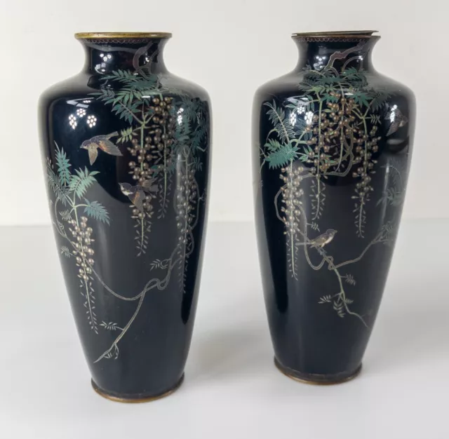 Antique Japanese Pair of Meiji Cloisonne Enamel Vases Birds Wisteria