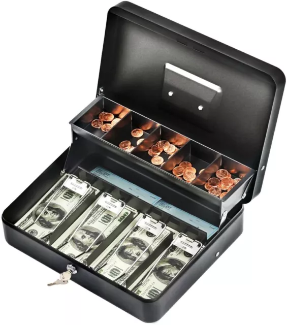 Cash Box with Key Lock,Money Box w/Cash Tray,Tiered Money Box for Cashier Drawer