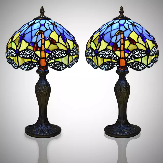 Pair of Tiffany style Table Lamps Multicolour Art 10 Inch Shade Stained Glass UK