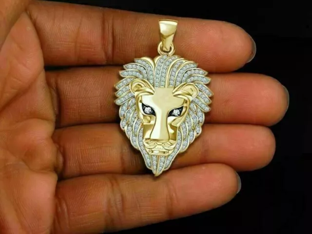 2Ct Round Cut Moissanite Large Lion Animal Charm Pendant 14k Yellow Gold Plated