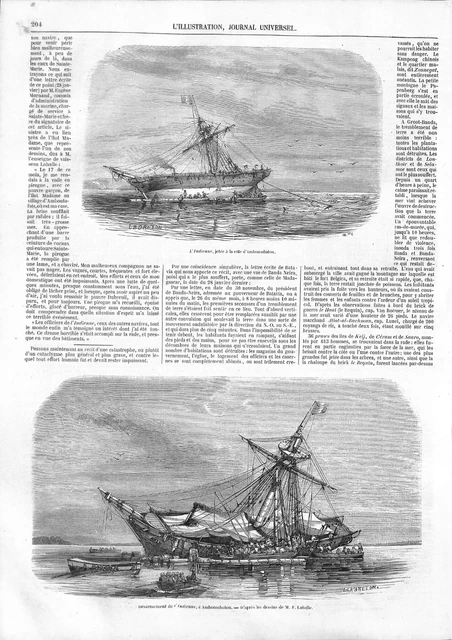 Naufrage du navire l'Indienne les côtes de Amboumbatou à Madagascar GRAVURE 1853