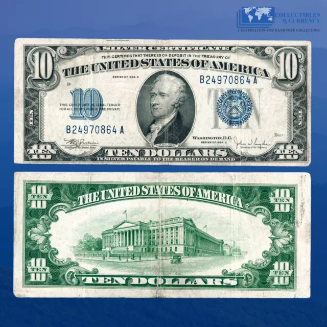 1934C $10 Ten Dollars Silver Certificate Blue Seal, VF Condition #70864