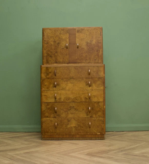Vintage Art Deco Burr Walnut Compactum Tallboy Chest / Linen Cabinet Press