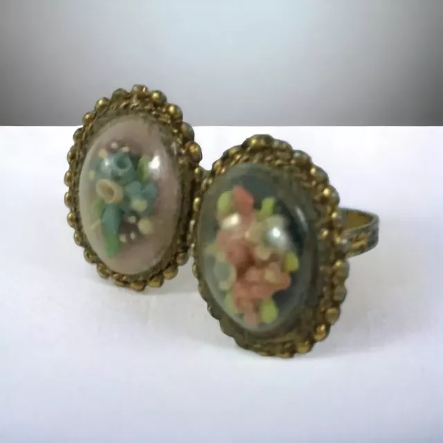 TWO Vintage Antique Victorian Style Flower Dome Top Adjustable Metal Rings